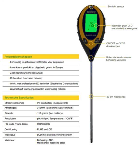 Vocht/pH/Licht/Grond Thermometer (4in1)-2